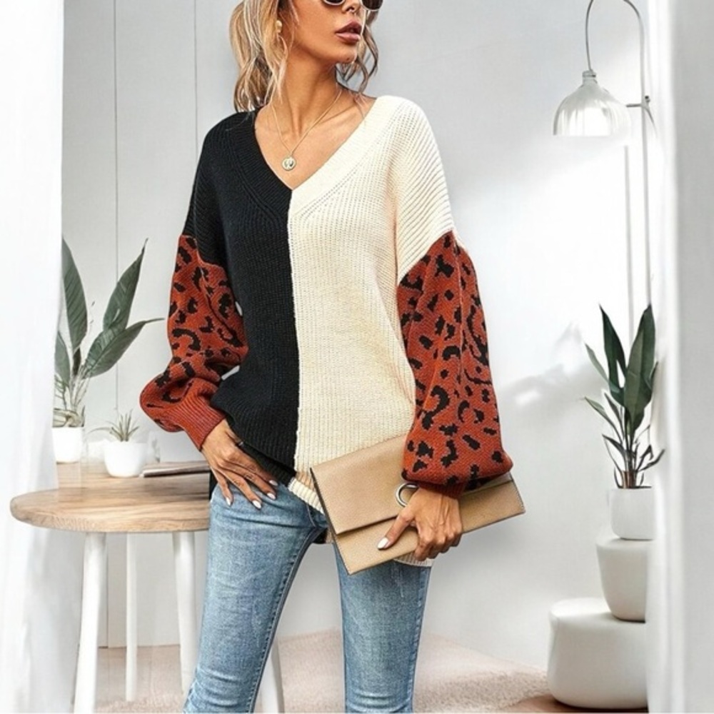 Women’s Knit Sweater‎ Black/Cream Color Block Leopard Print Sleeve Plus